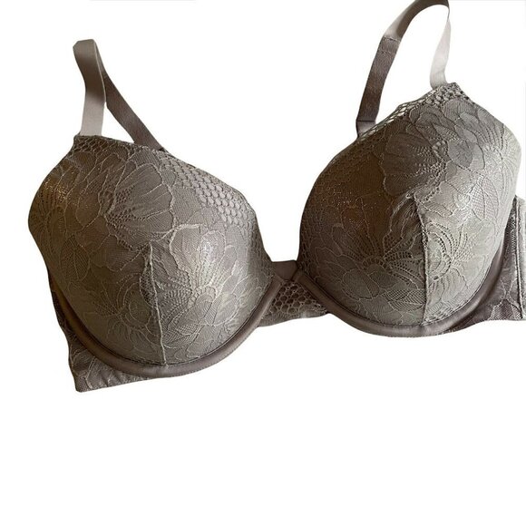 Ambrielle 40DD Full Figure Plunge Bra Metallic Gray Lace Underwire Push Up - Picture 2 of 4